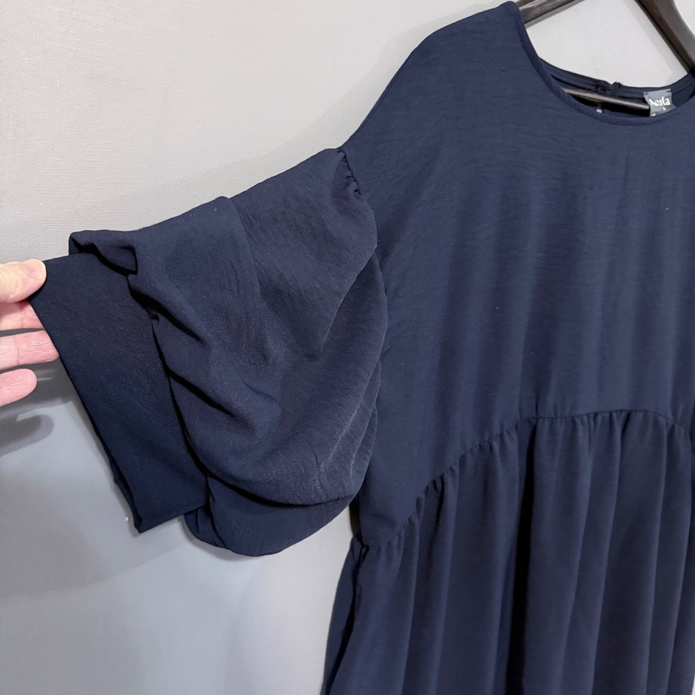 Arula A Plus Size Babydoll Mini Dress Navy Blue Short Puff Sleeve Pockets XL - Picture 3 of 9